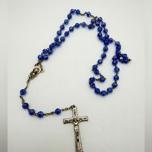 22" blue Aurora Borealis crystal Rosary necklace, marked CC on cross!